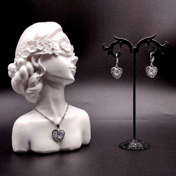 925 Sterling Silver Necklace Earring Set Heart Vine CZ Diamond Woman's Gift NEW! - Picture 2 of 10